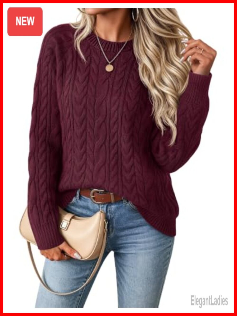 Cable Knit Pullover Sweater Womens Oversized Long Sleeve Crew Neck